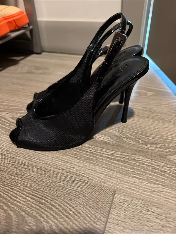 NEVER WORN Steve Madden Black Slingback Peep-Toe Heels with Subtle Purple Sheen - Image 2