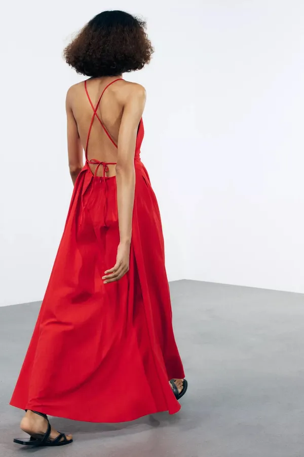 Zara long red maxi dress ZW collection flowy corset elegant evening wedding - Image 6