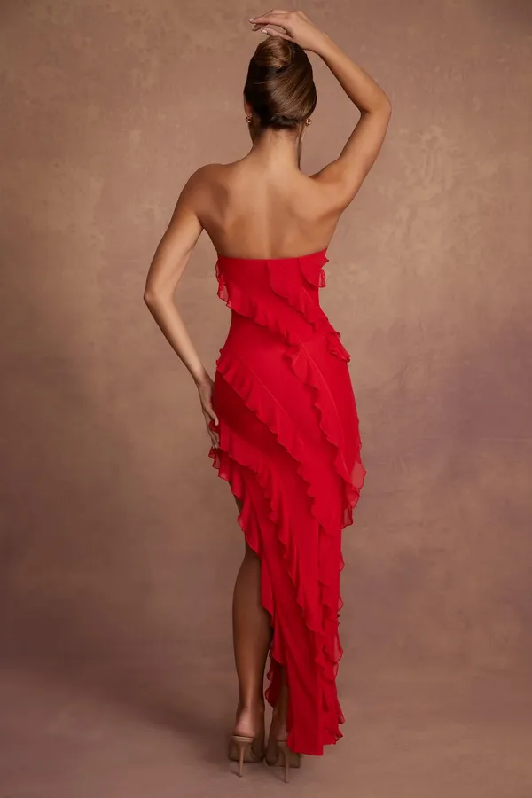 Oh Polly Nevali Bandeau Ruffle Maxi Dress Red - Image 2