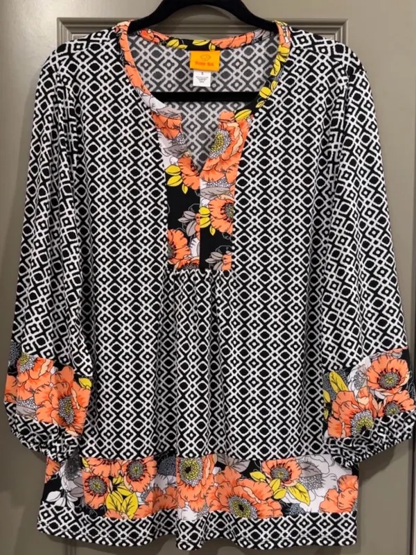 Ruby Rd. Black Geometric Tunic with Coral Floral Trim - Image 2