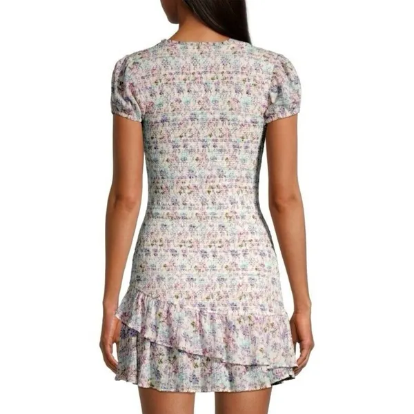 LOVESHACKFANCY Floral Smocked Mini Dress Puff Sleeve Asymmetric Ruffle Coquette - Image 3