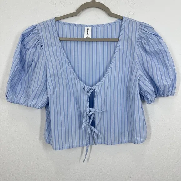 Abound Blue Striped Puff Sleeve Square Neck Tie Front Crop‎ Top Womens L - Image 2