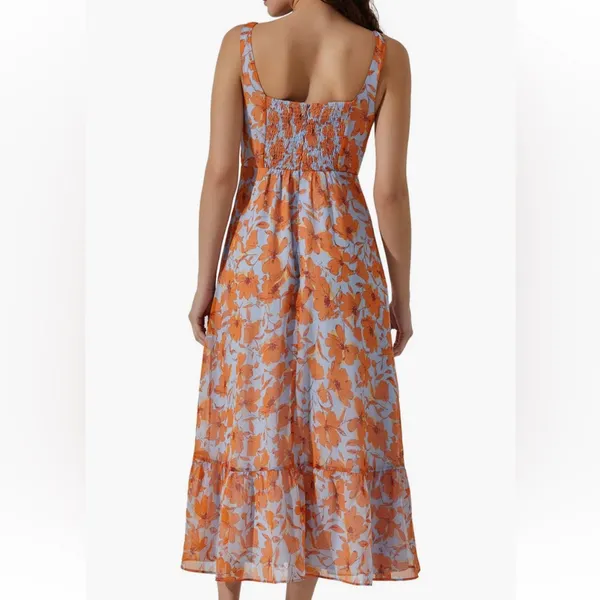 Astr The Label Medium Orange Blue Floral Square Neck Midi Dress - Image 2