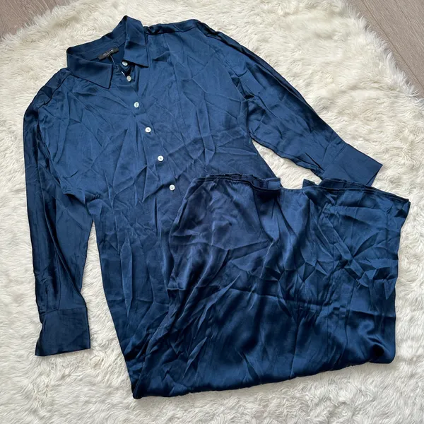 Dress Satin Button-Front Midi Classic Indigo 8 NWT New - Image 4
