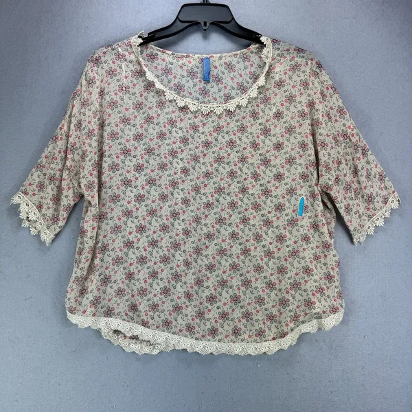 Free People Top Women's M Tan Floral Semi Sheer Crochet Trim Cottagecore - Image 3