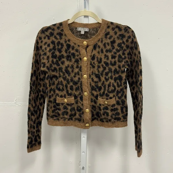 J. Crew Leopard Print Alpaca Wool Blend Cardigan Sweater Top CE695 Brown XS - Image 2