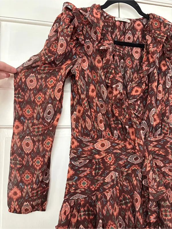 Ulla Johnson Esila Silk Abstract Ruffle Long Sleeve Mini Dress Size 6 Party Ikat - Image 5