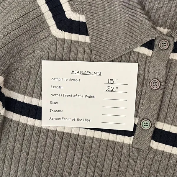 BOHME Striped Polo Henley Sweater Gray Navy Blue White Buttons Pullover Large - Image 12