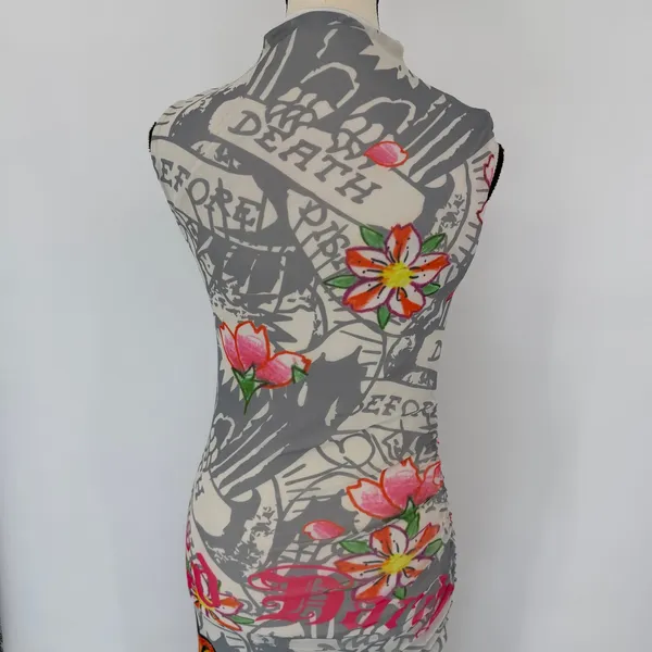 Ed Hardy Tattoo Tiger Mesh Maxi Dress Y2K Grunge Cyber Mock Neck Bodycon Size S - Image 8