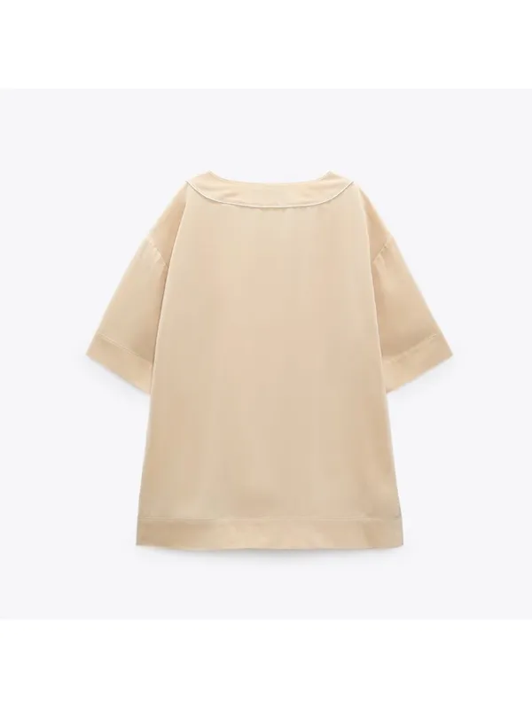 Zara Beige Short-Sleeve Button Front Top with White Number Patches - Image 2