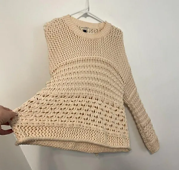UNIVERSAL THREAD Cream Beige Mixed Knit Crochet Open Weave Crew Neck Sweater S - Image 8