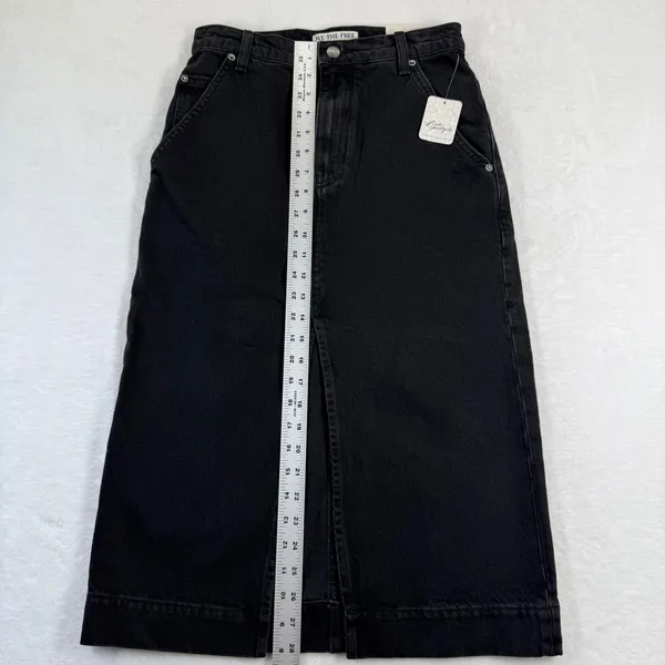 Free People We The Free Black Denim Midi Skirt Front Slit High Rise‎ Size 24 NEW - Image 6