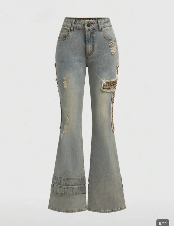 Womens Romwe Grunge Punk Cross Print Wide Leg Jeans, Size 6 (Medium), NWT - Image 5