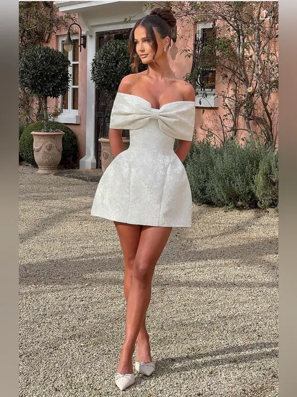 Babyboo Raquel mini dress White Off-Shoulder Bow Jacquard Mini Dress - Image 3