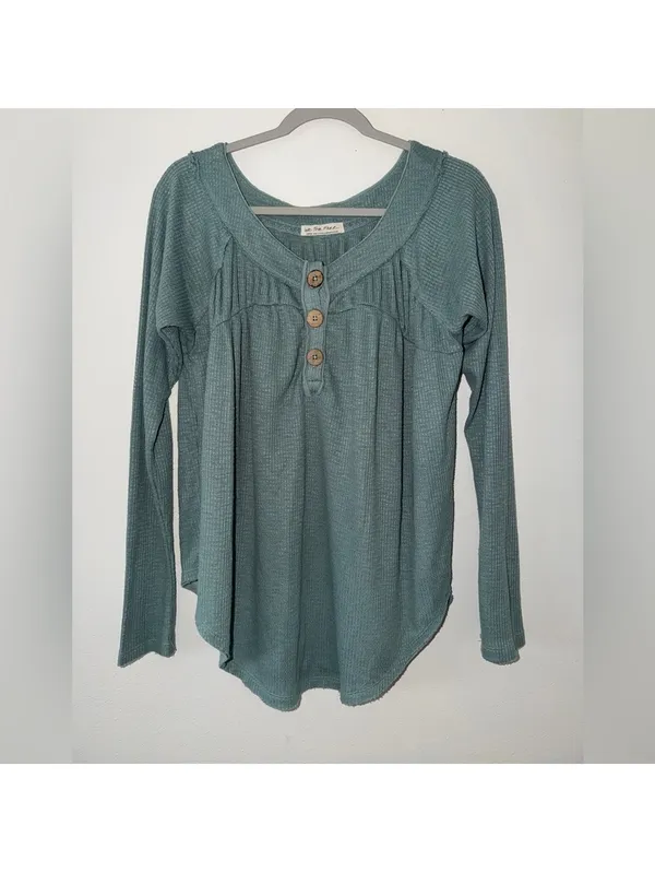 Free People We the Free Must Have Henley Waffle Aqua blue Long Sleeve size large - Image 10