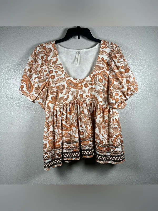 Anthropologie Puff-Sleeve Peasant babydoll Top in Rust Paisley SZ:L - Image 4