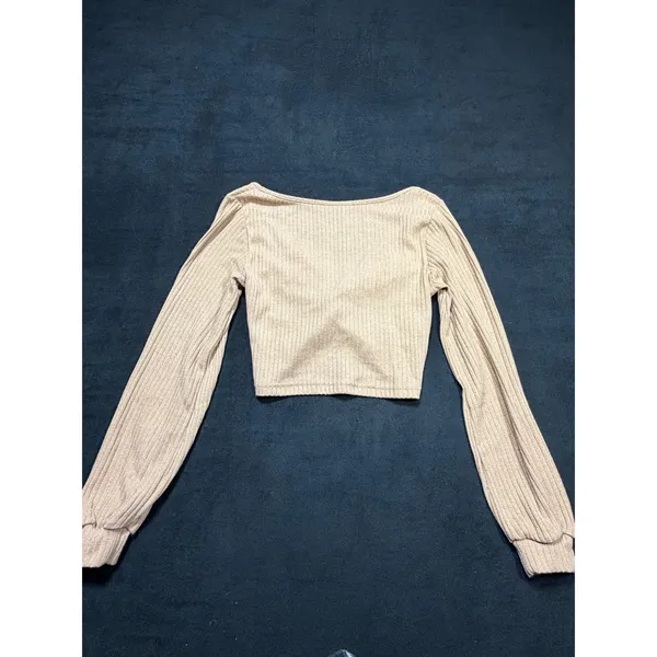 SHEIN Women's Beige Ribbed‎ Twist Front Long Sleeve Crop Top XS - Image 6