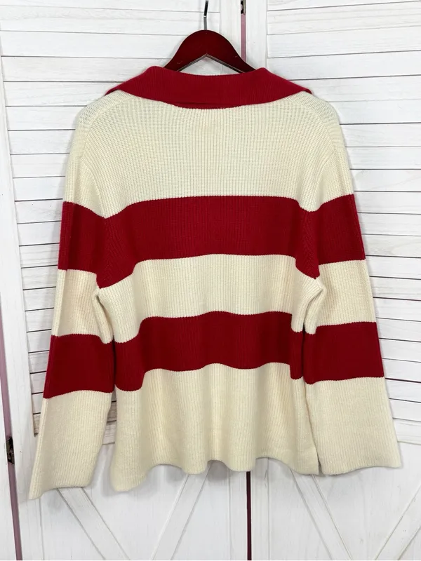 A New Day Rugby Stripe Polo Collar‎ Oversized Sweater Cream Red Large Preppy - Image 9