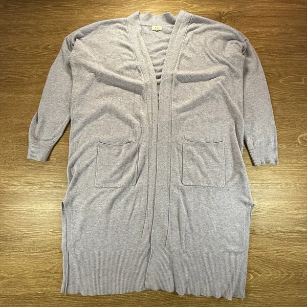 Debut Cardigan Women's Small Gray Open Front Long Knit Duster Pockets Minimalist - Image 2