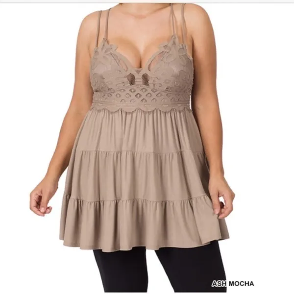 Zenana Outfitters PLUS Tan Crocheted Lace Cami Crisscross Straps Top size 2X - Image 2