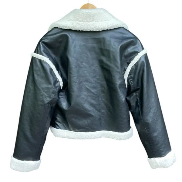 Hollister Cropped Moto Jacket S Black Vegan Leather Faux Fur Sherpa Lined Y2K - Image 11