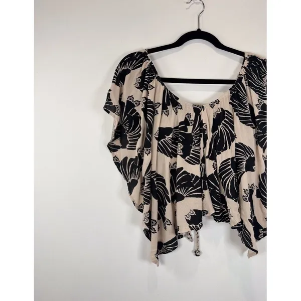 Free People Womens Top Beige Merpati Print Off The Shoulder Drapey Blouse Small - Image 5