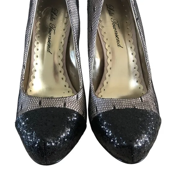 Lulu‎ Townsend Black & Beige Mesh Glitter Stiletto Heels 6 - Image 4
