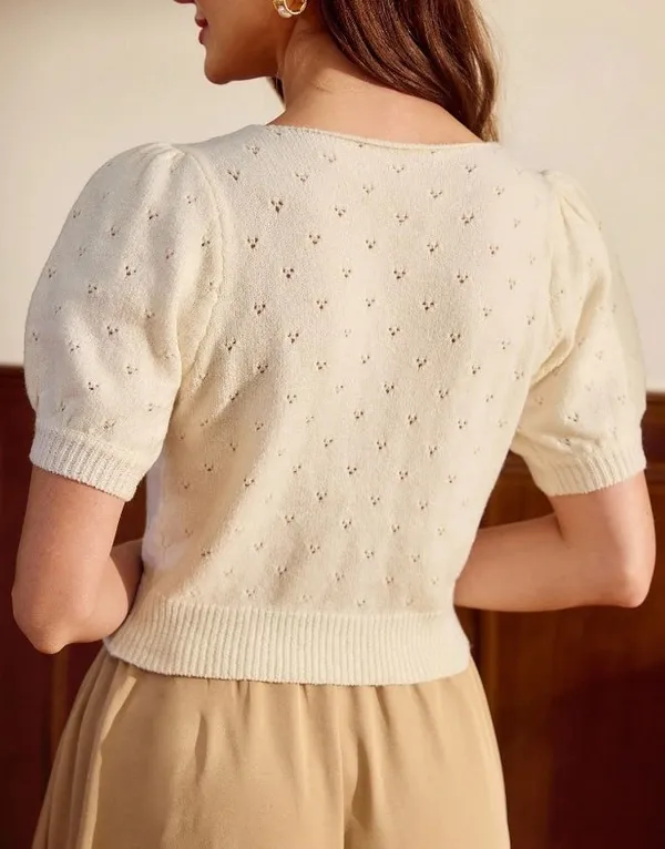 White Short Sleeve Knit Cardigan with Heart Buttons - Image 2