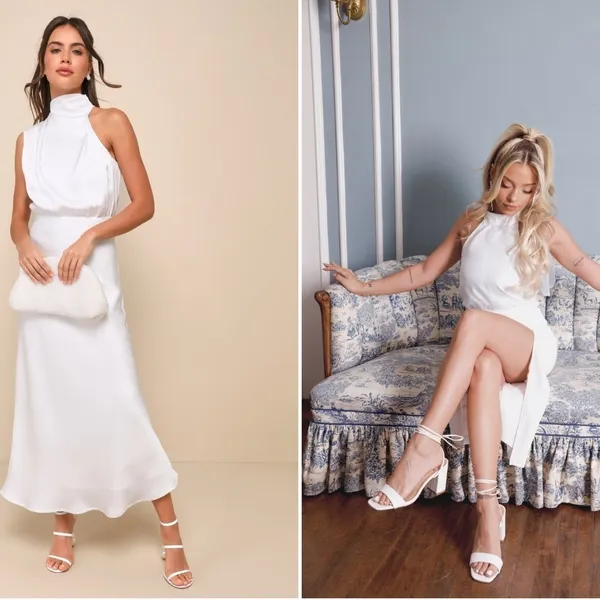 LULU's Bridal HIneymoon Engagement White Satin Modest Halter Mermaid Midi Dress - Image 4