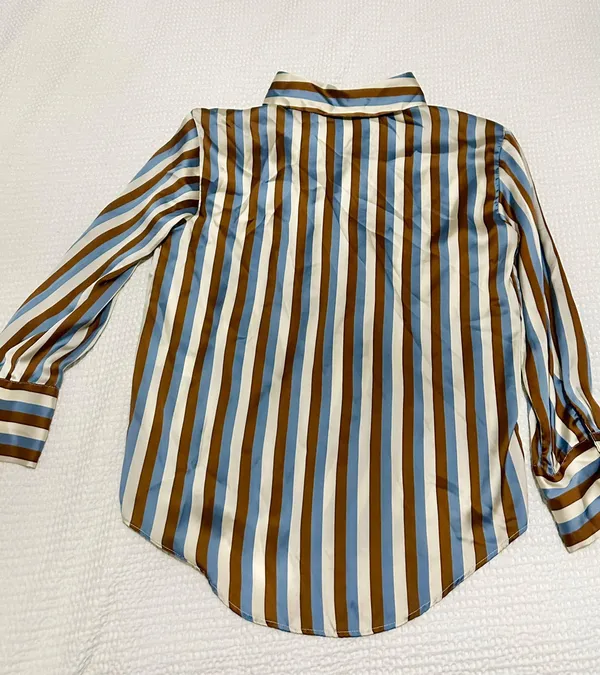 Zara satin striped shirt blue tan brown longsleeve buttondown - Image 5