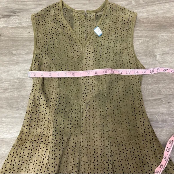 Olive Green Laser Cut Faux Suede Fit & Flare Dress Small - Image 5