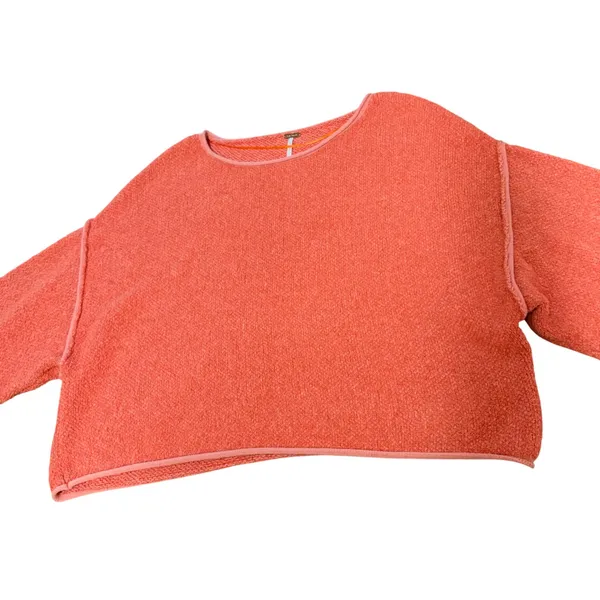 Free People Coral Orange Textured Knit Boxy‎ Cropped Bardot Sweater Womens Small - Image 2
