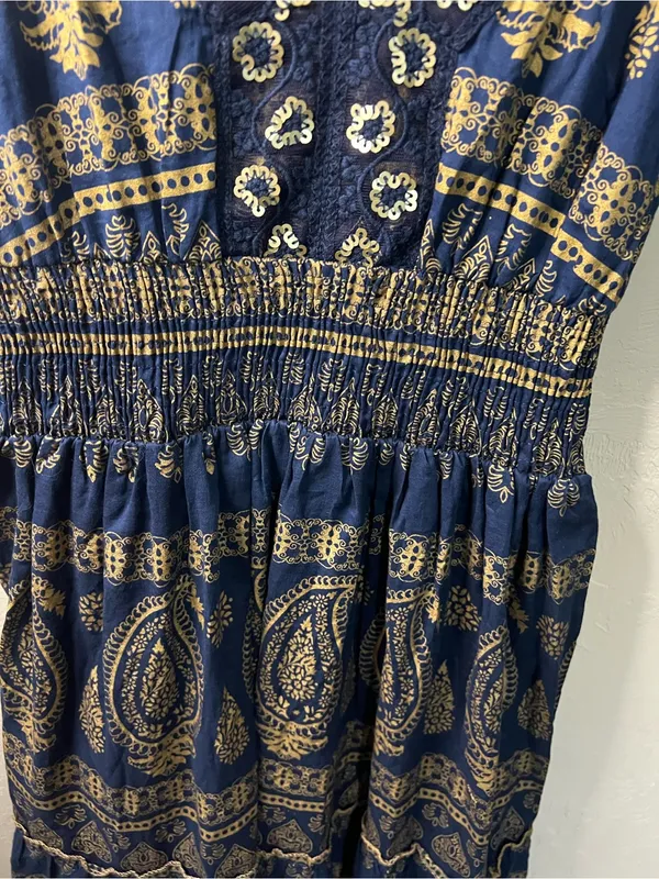Me 2 Magic Navy Gold Sequin Paisley Smocked Boho Festival Maxi Dress - Image 4