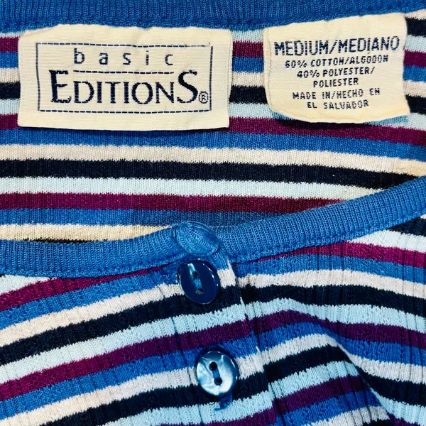 Vintage 90s Basic Editions Striped Ribbed Henley Top Blue Purple Grunge Skater M - Image 6