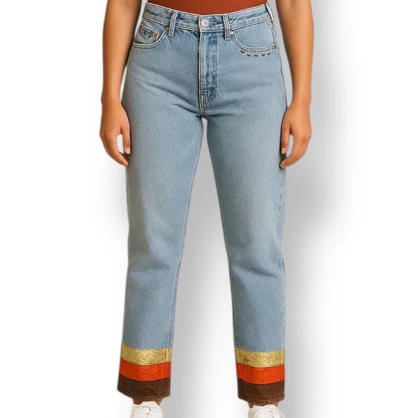 Vintage 90s Levi’s 501 Jeans Custom Brown Boho Stripe Hem USA Made Festival Wear - Image 10