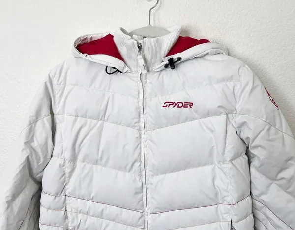 [Spyder] White Winter Puffer Ski Snowboard Jacket Hooded Rainbow Seams Size 4 - Image 3