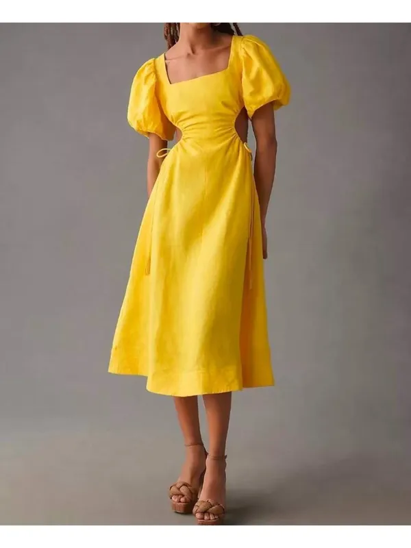 NWOT Farm Rio Linen Puff-Sleeve Cutout Midi Dress Yellow Size S - Image 2