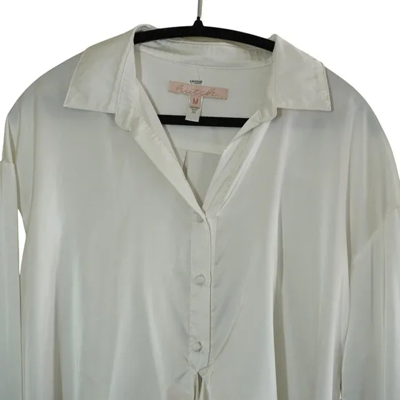 Hutch Medium White Cream Satin Tie‎ Front Long Sleeve Button Down Blouse Chic - Image 2
