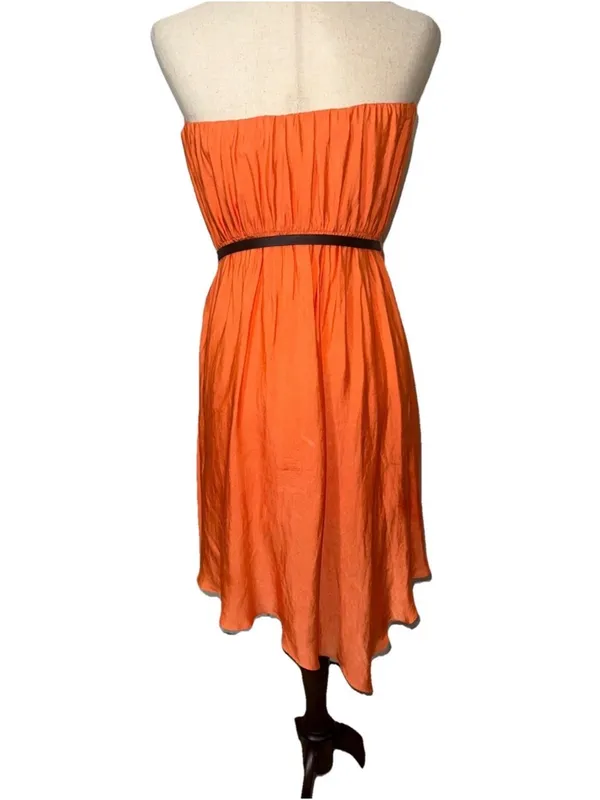 Max and Cleo Boho Western Orange Coral Strapless Dress With Belt And Handkerchief Hem Medium - Image 4