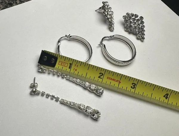 Sparkly Clear Rhinestone Pierced Earrings Lot Of 3 Dangle Hoop Stud Silver Tone - Image 5