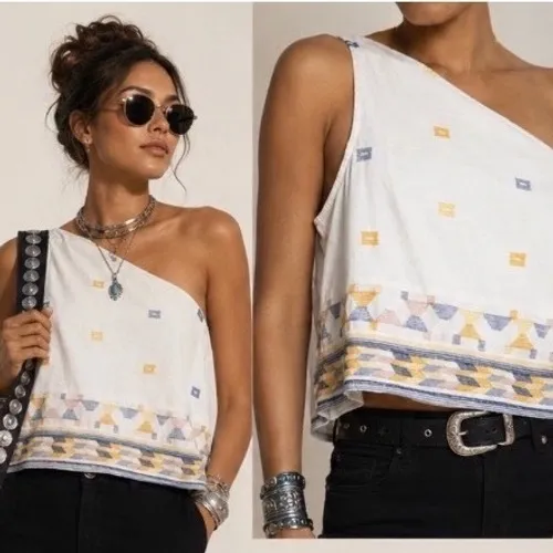 Free People One Shoulder Crop Top White Geometric Embroidered Boho Womens Medium - Image 2