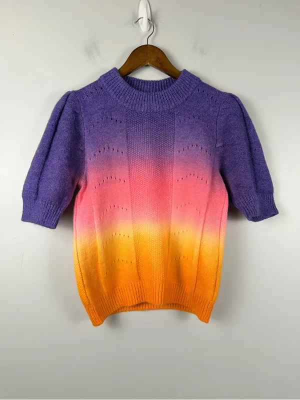 English factory puff sleeve ombré knit sweater in purple orange pink size small - Image 2