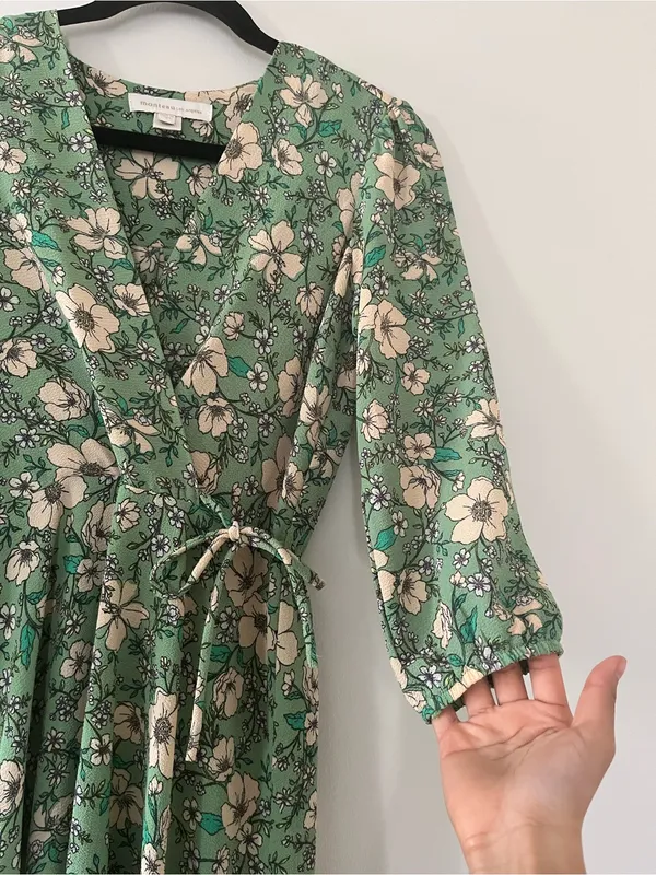Monteau Green Floral Midi Wrap Dress Small Romantic Feminine Spring Cottagecore Boho - Image 4