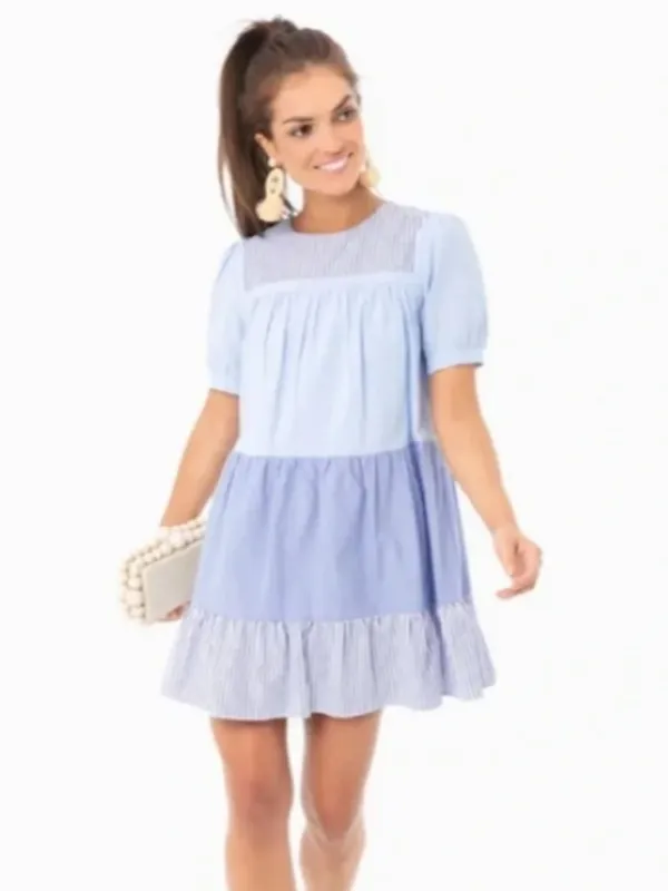 TUCKERNUCK Pomander Place Quinn Blue Striped Tiered Mini Dress, Size L - Image 2