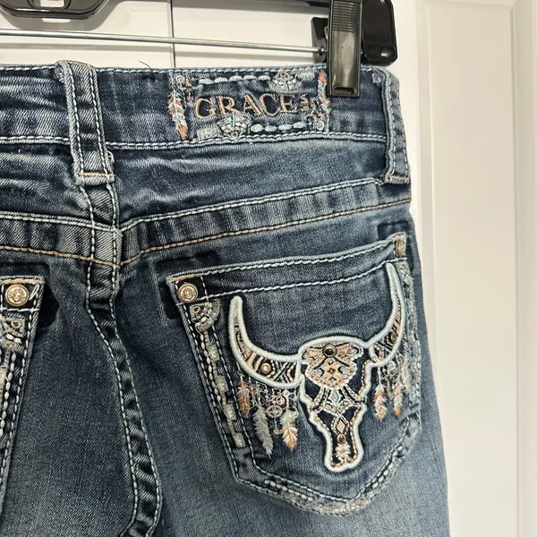 Grace in LA Jeans Womens 25 Blue Bootcut Bull Skull Embellished Pocket Western - Image 4