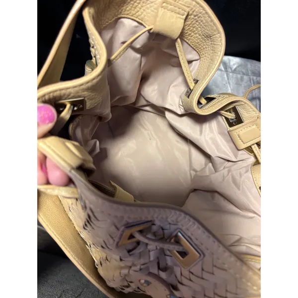 Cole Haan Genevieve Tan Woven Leather Hobo Bag Optical Weave Tassel Shoulder Bag - Image 11