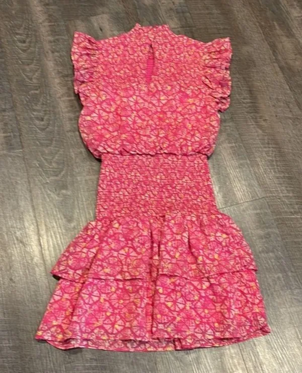 gold and fuchsia, print, smock, ruffle, mini dress - Image 6