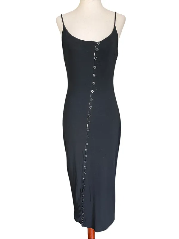 Blanc black ribbed-knit midi dress with asymmetric curved row of front buttons - Image 7