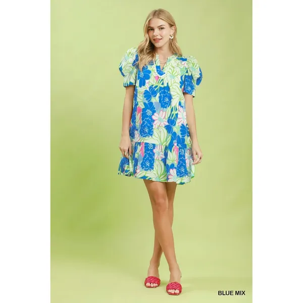Umgee Floral Puff Sleeve Tiered Mini Dress - Blue Mix - Small - Image 5
