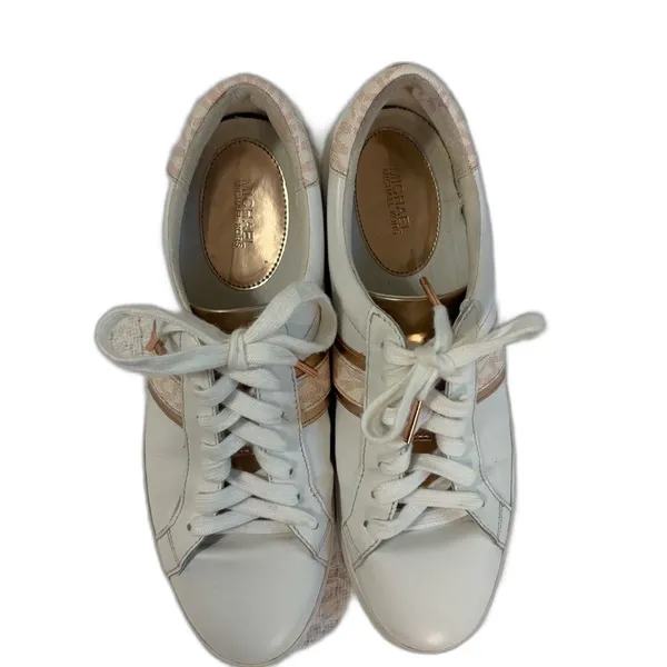 Michael Kors Irving‎ Stripe Sneakers Womens 9M White Rose Gold Leather Logo - Image 5